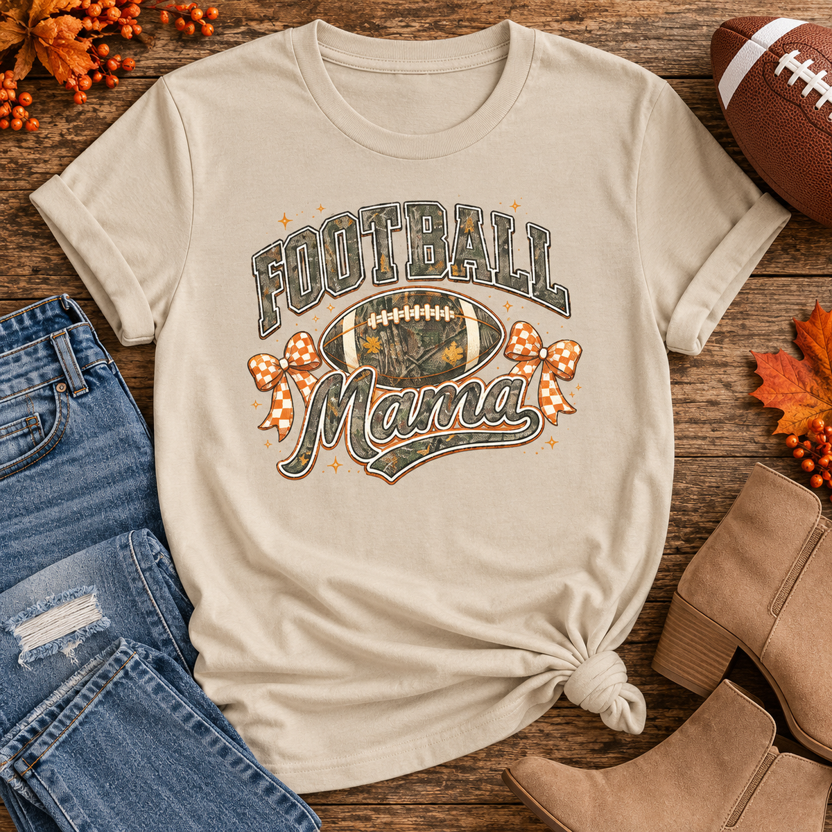 Football Mama Camo & Gingham Bow Graphic Tee