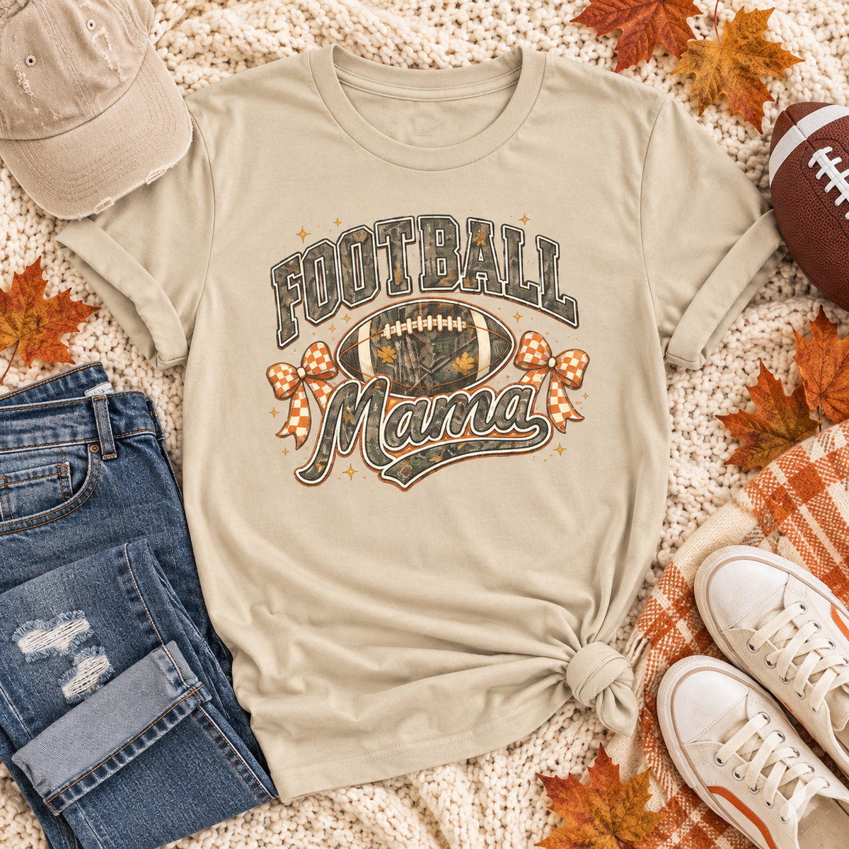 Football Mama Camo & Gingham Bow Graphic Tee