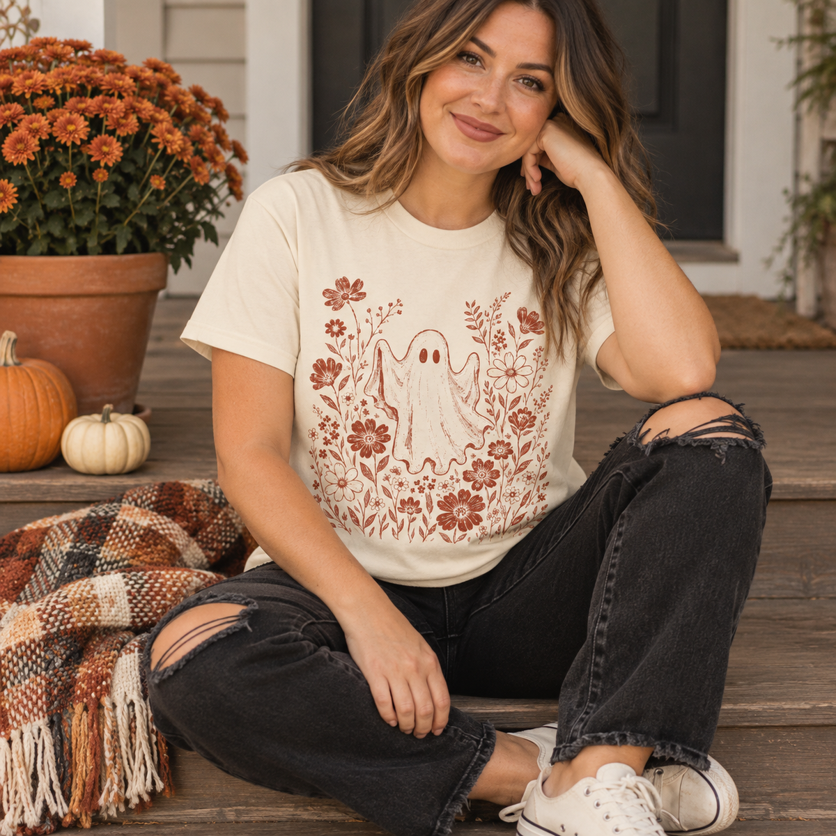Floral Ghost Vintage Halloween Graphic Tee