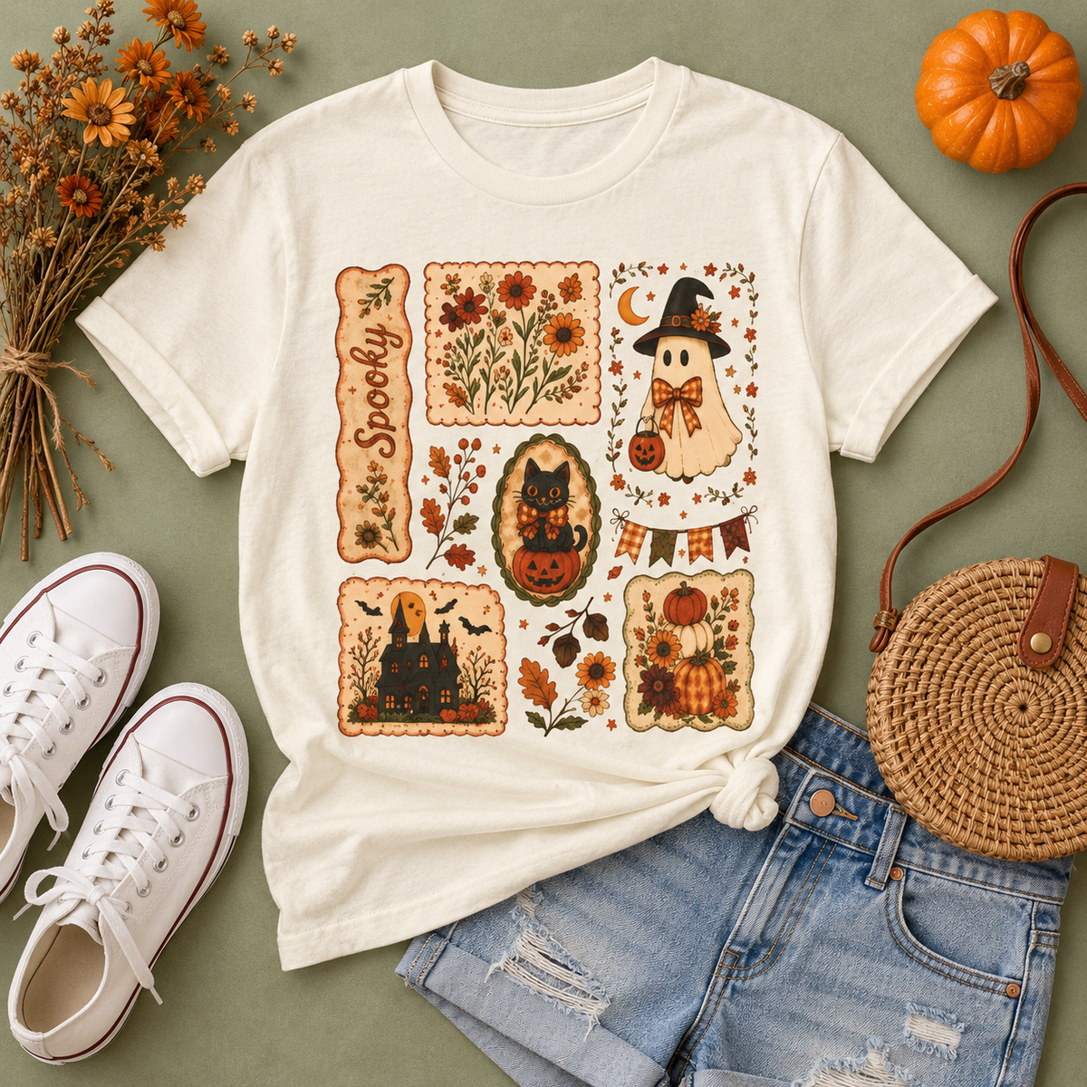 Vintage Spooky Season Patchwork Graphic Tee