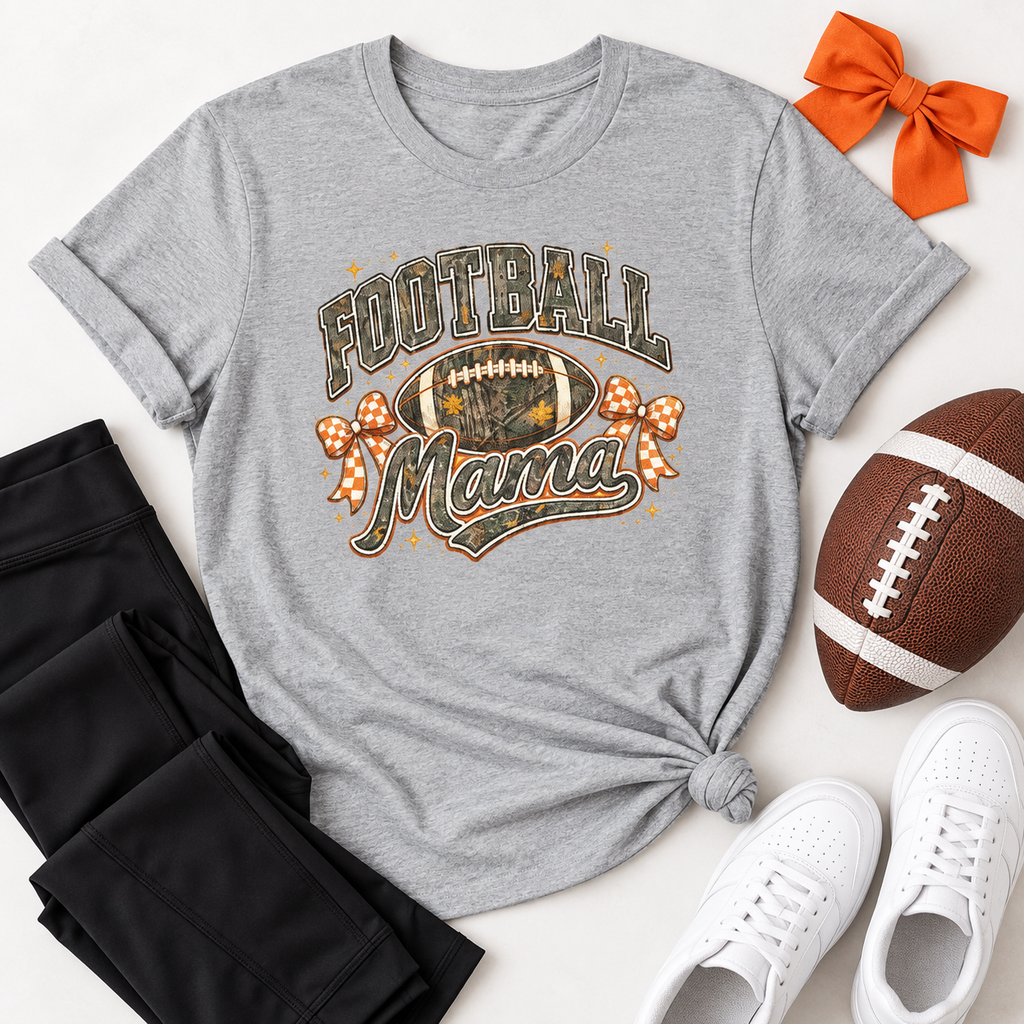 Football Mama Camo & Gingham Bow Graphic Tee