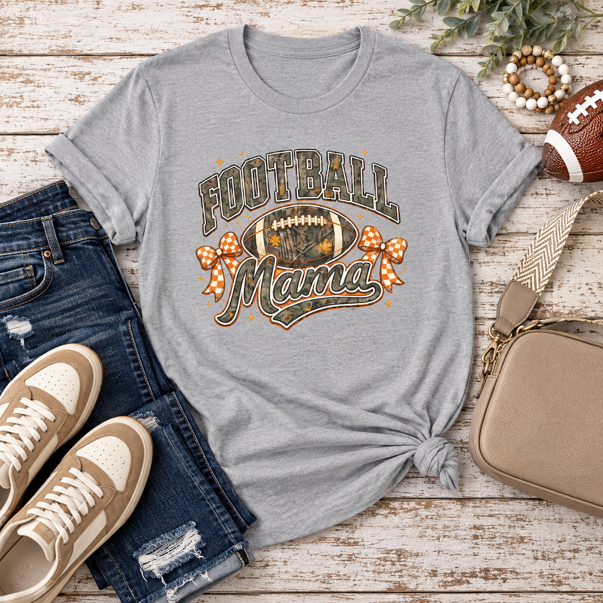 Football Mama Camo & Gingham Bow Graphic Tee