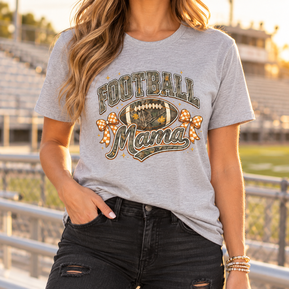Football Mama Camo & Gingham Bow Graphic Tee