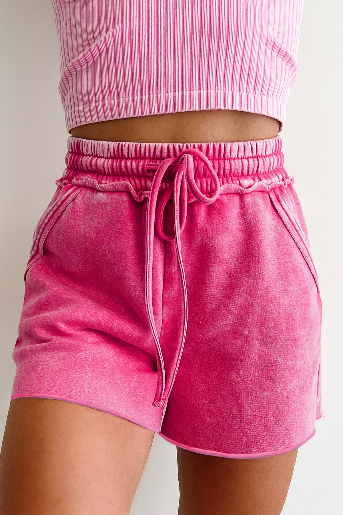 Sea Green Mineral Washed Drawstring Elastic Waist Raw Cut Shorts