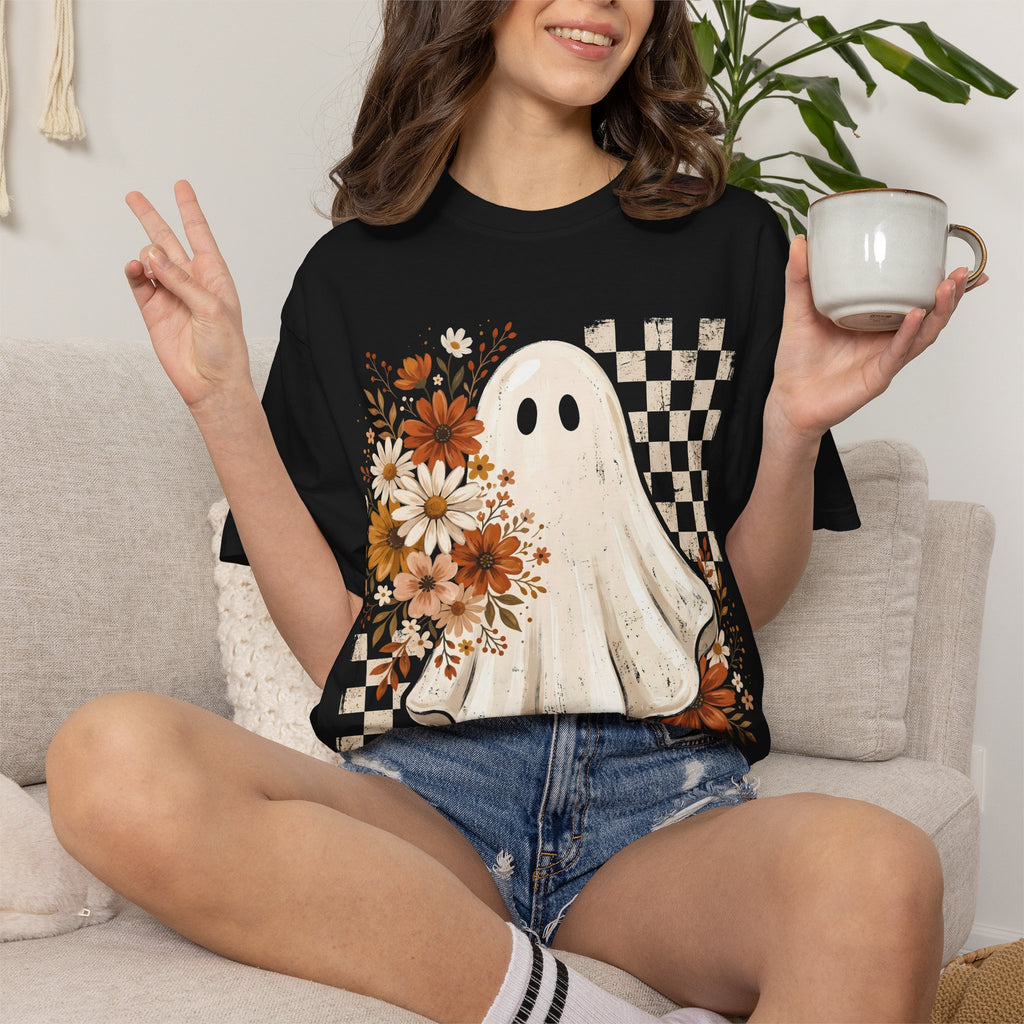 Floral Ghost Halloween Graphic Tee – Retro Fall Checkerboard Shirt