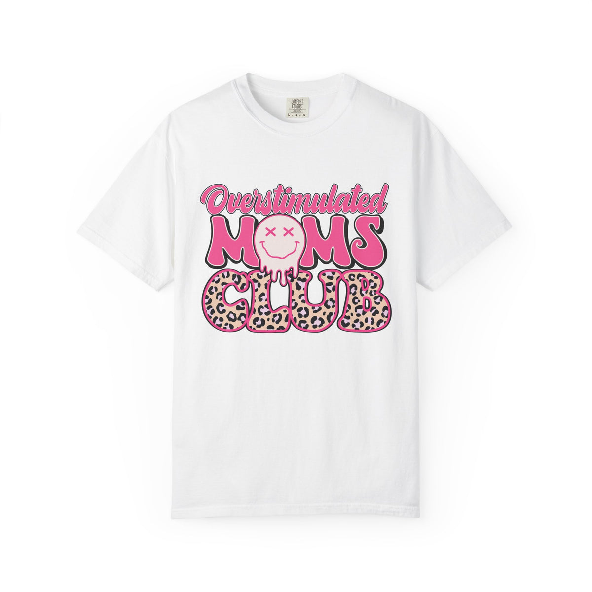 Overstimulated Moms Club Pink Leopard Graphic Tee