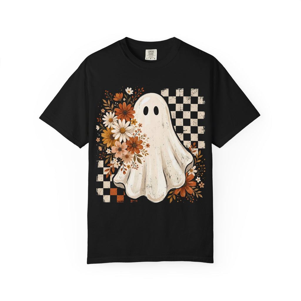 Floral Ghost Halloween Graphic Tee – Retro Fall Checkerboard Shirt