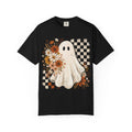 Floral Ghost Halloween Graphic Tee – Retro Fall Checkerboard Shirt