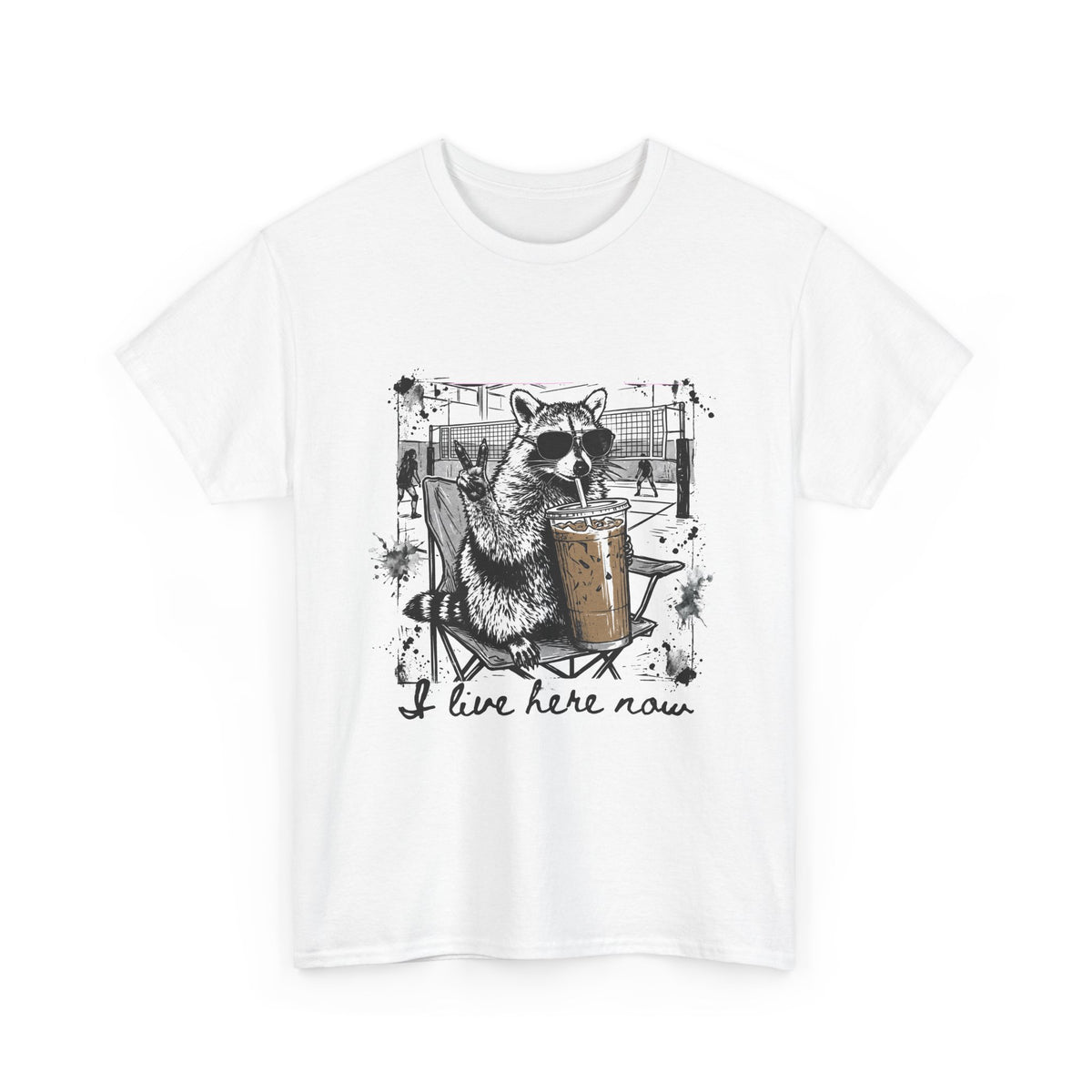 I Live Here Now Volleyball Raccoon Tee – Comfort Colors Espresso