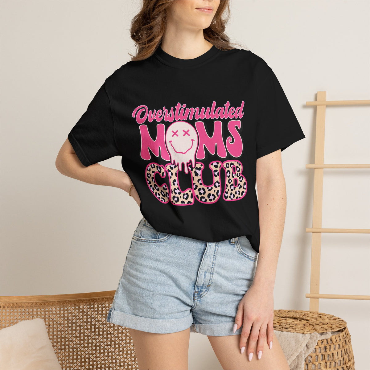 Overstimulated Moms Club Pink Leopard Graphic Tee