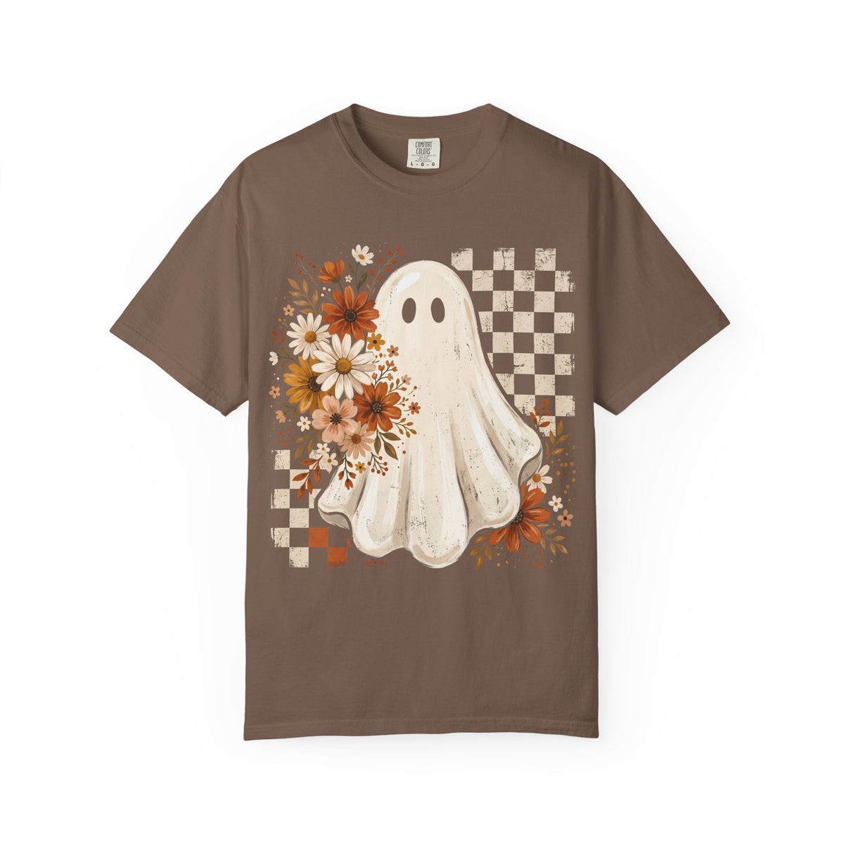 Floral Ghost Halloween Graphic Tee – Retro Fall Checkerboard Shirt