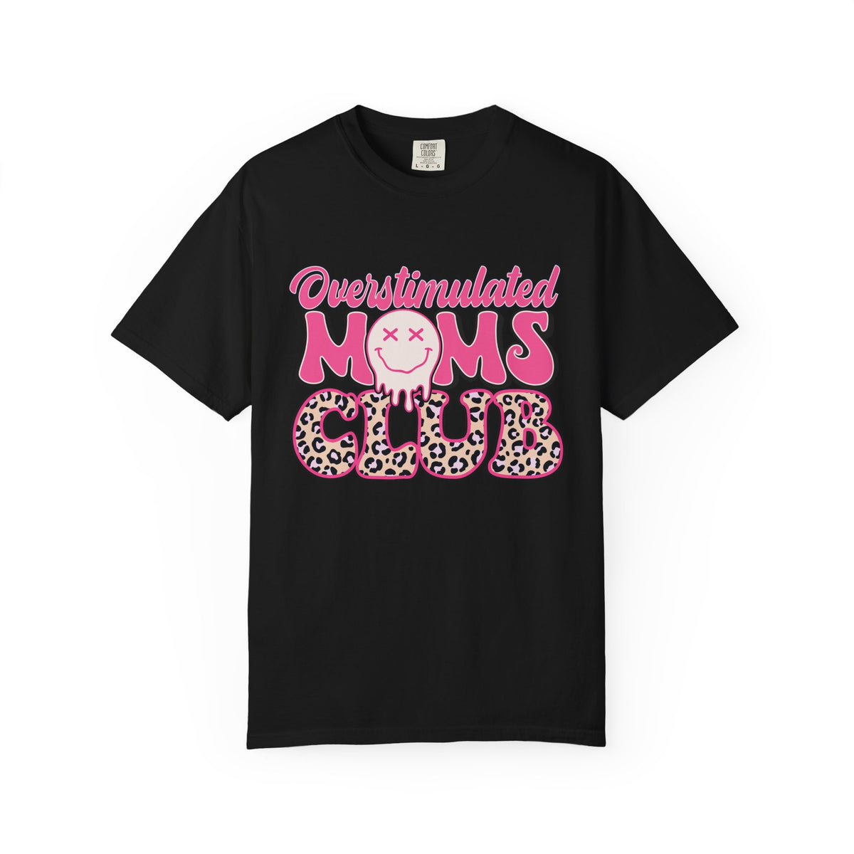 Overstimulated Moms Club Pink Leopard Graphic Tee
