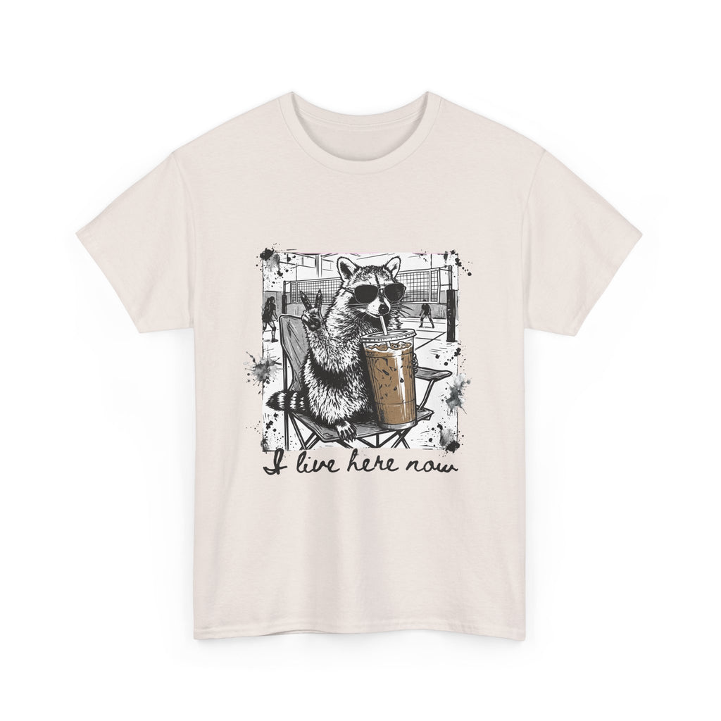 I Live Here Now Volleyball Raccoon Tee – Comfort Colors Espresso