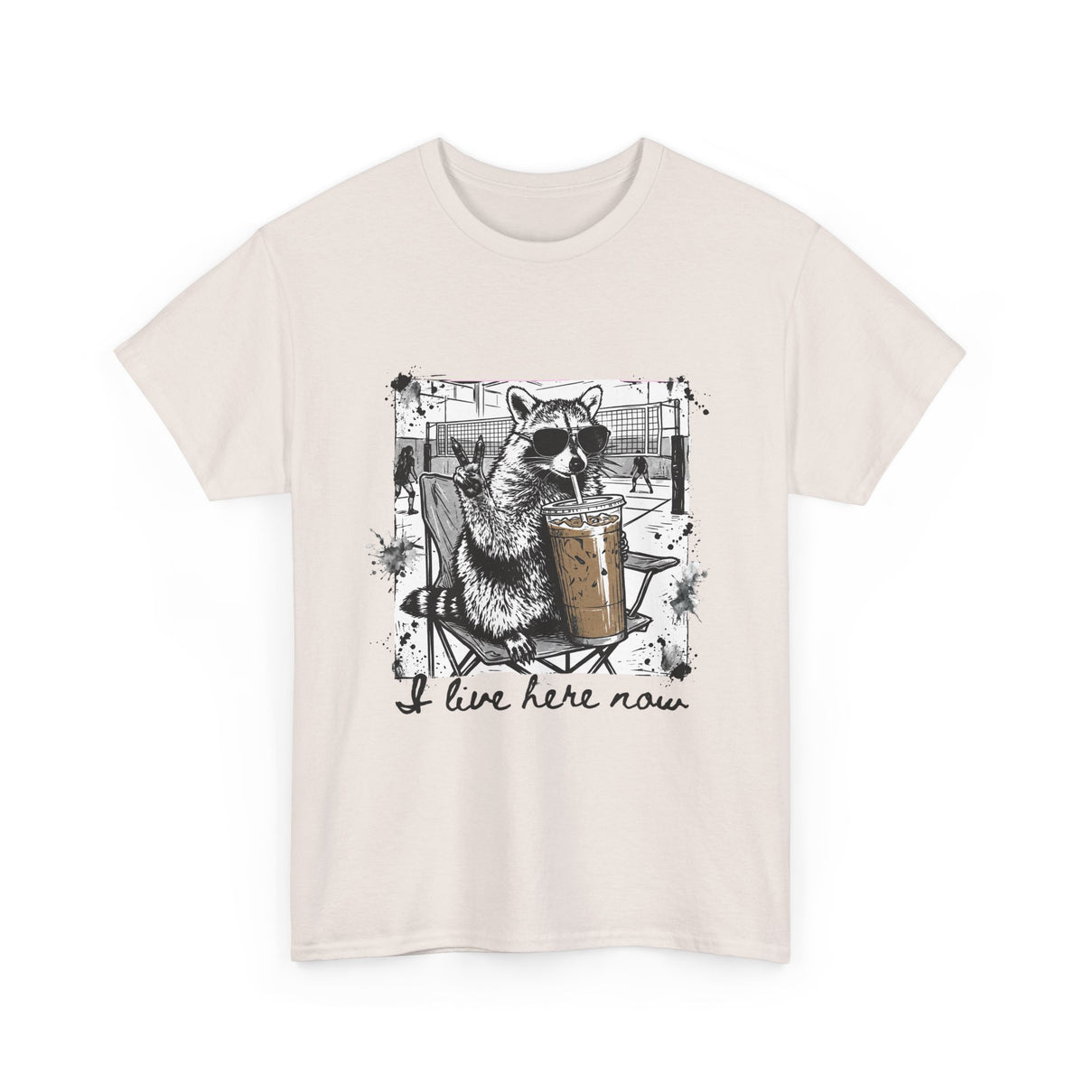 I Live Here Now Volleyball Raccoon Tee – Comfort Colors Espresso