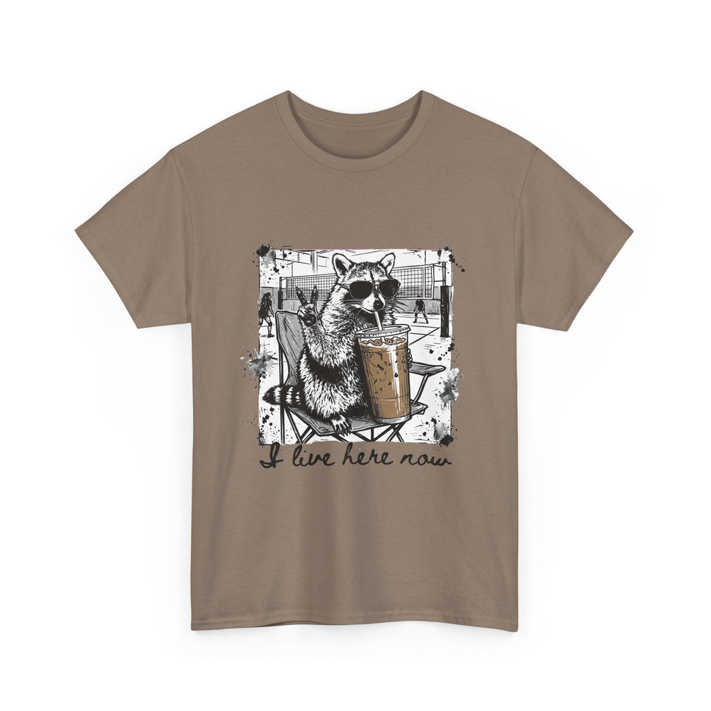 I Live Here Now Volleyball Raccoon Tee – Comfort Colors Espresso