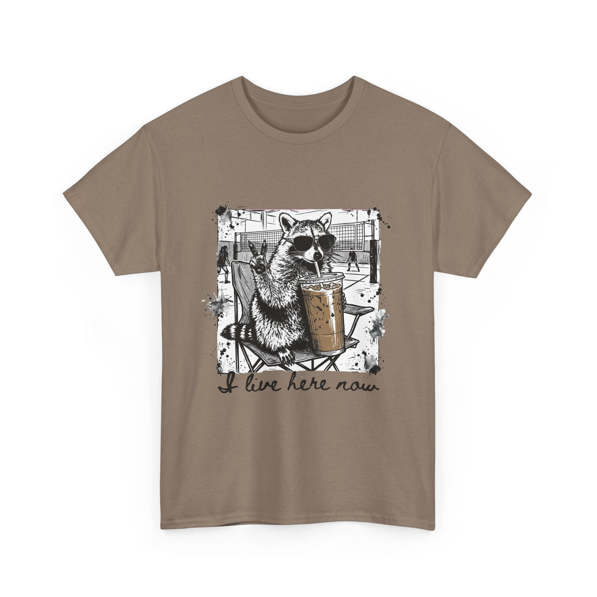 I Live Here Now Volleyball Raccoon Tee – Comfort Colors Espresso