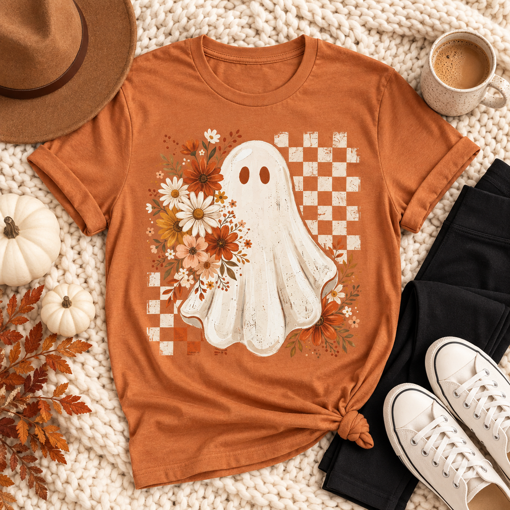 Floral Ghost Halloween Graphic Tee – Retro Fall Checkerboard Shirt