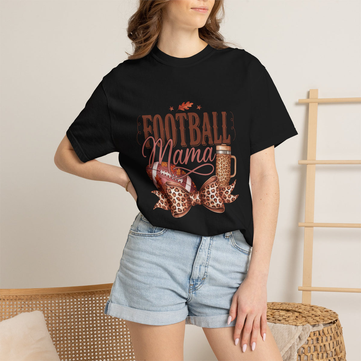 Football Mama Leopard Bow Game Day Graphic Tee