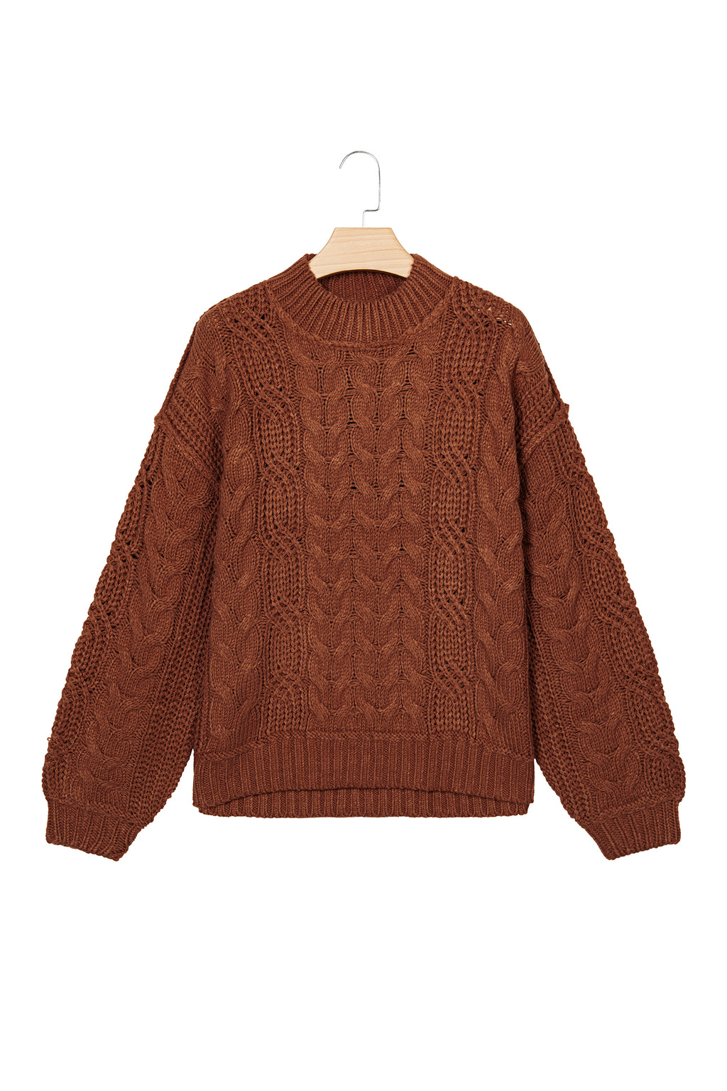Coffee Solid Color Cable Knit High Neck Loose Pullover Sweater