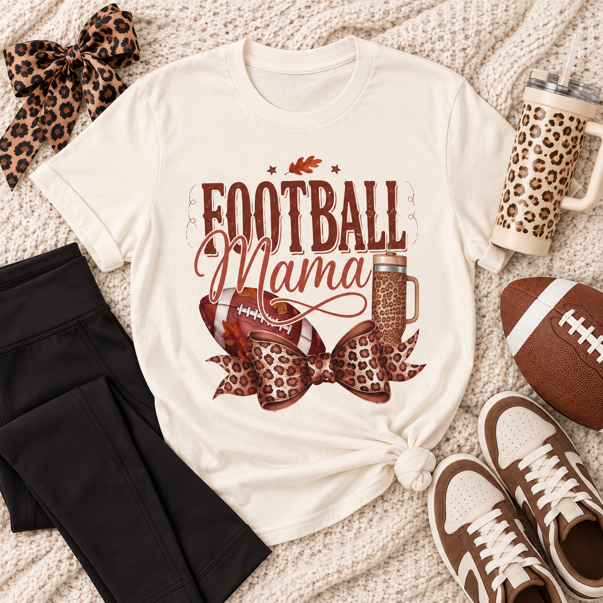 Football Mama Leopard Bow Game Day Graphic Tee