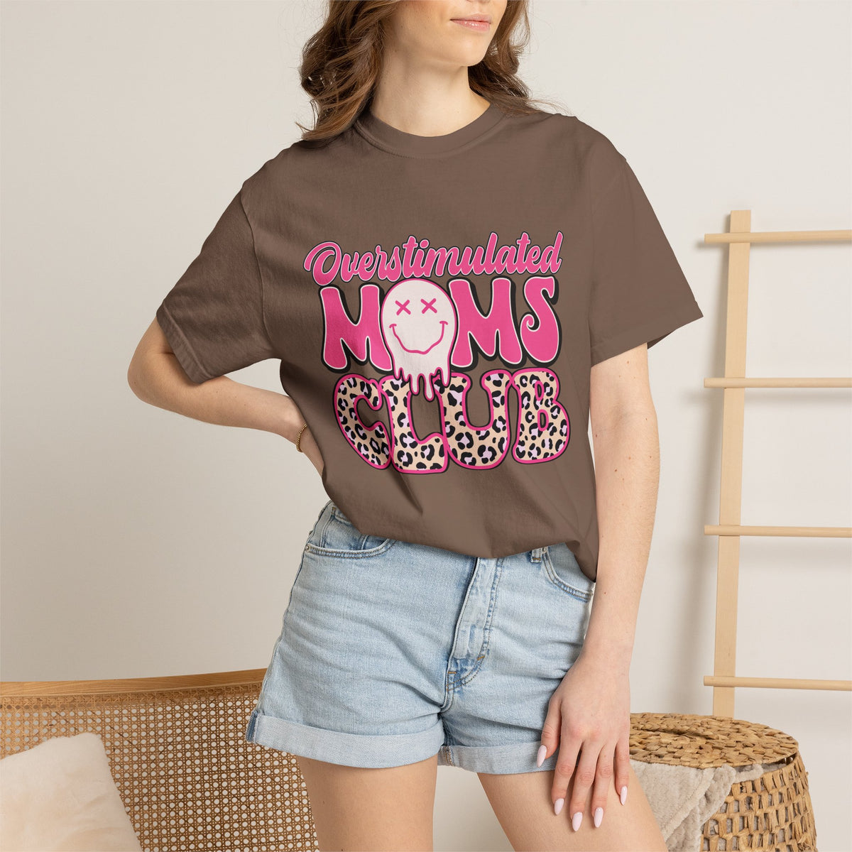Overstimulated Moms Club Pink Leopard Graphic Tee