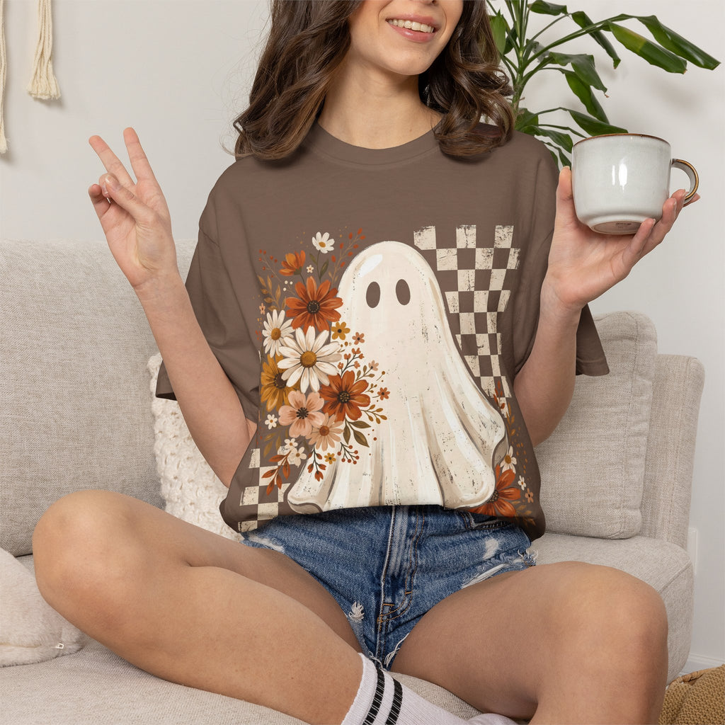 Floral Ghost Halloween Graphic Tee – Retro Fall Checkerboard Shirt