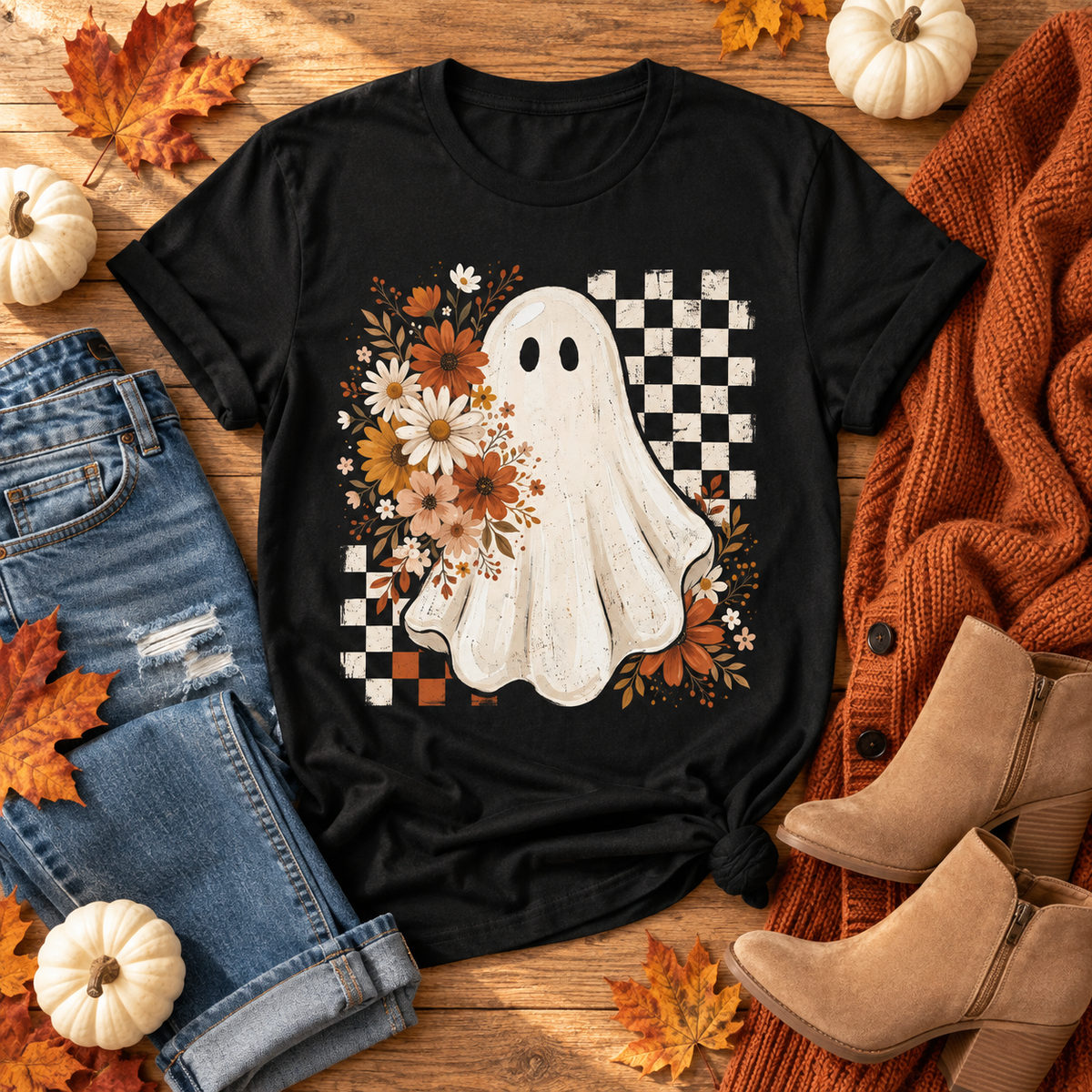 Floral Ghost Halloween Graphic Tee – Retro Fall Checkerboard Shirt