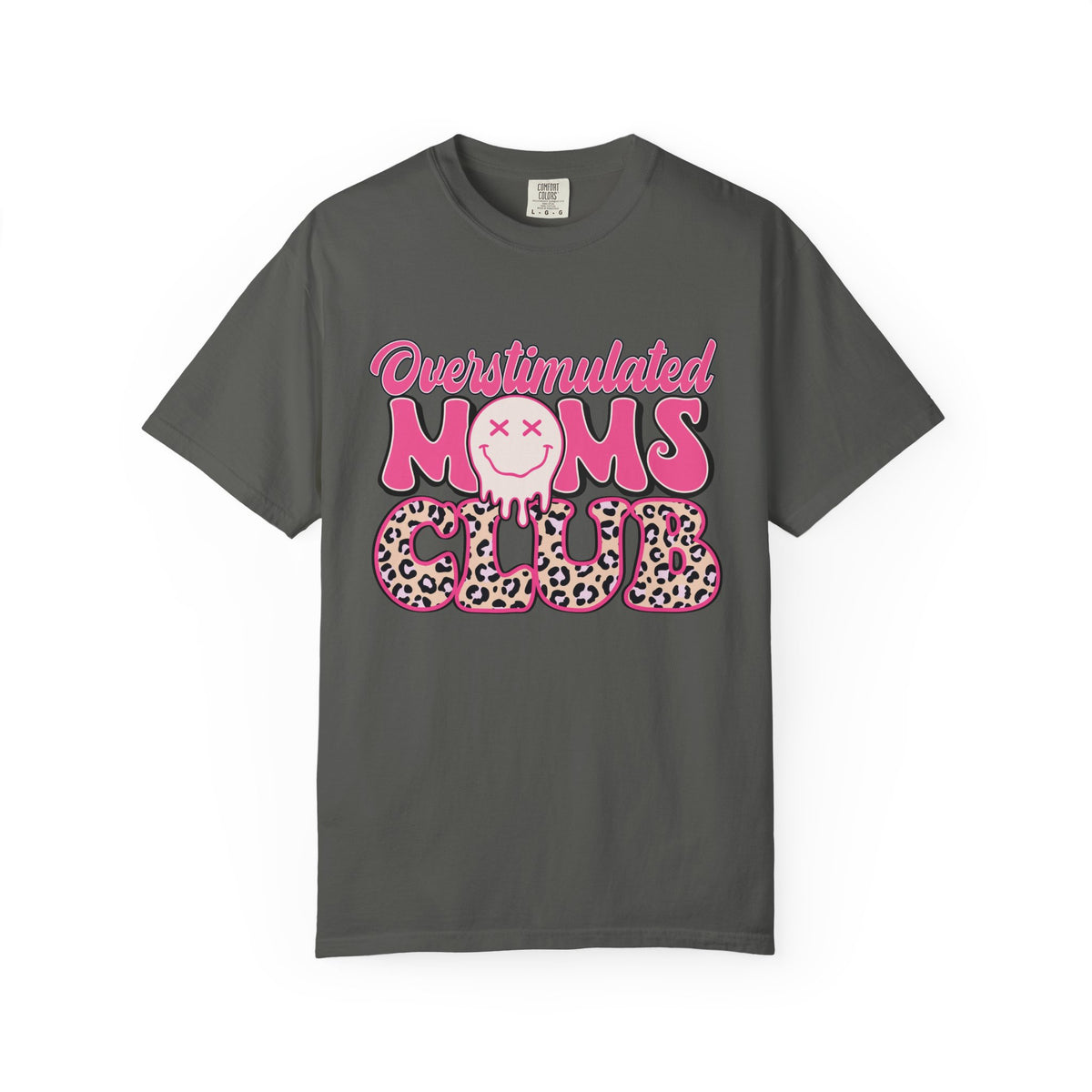 Overstimulated Moms Club Pink Leopard Graphic Tee