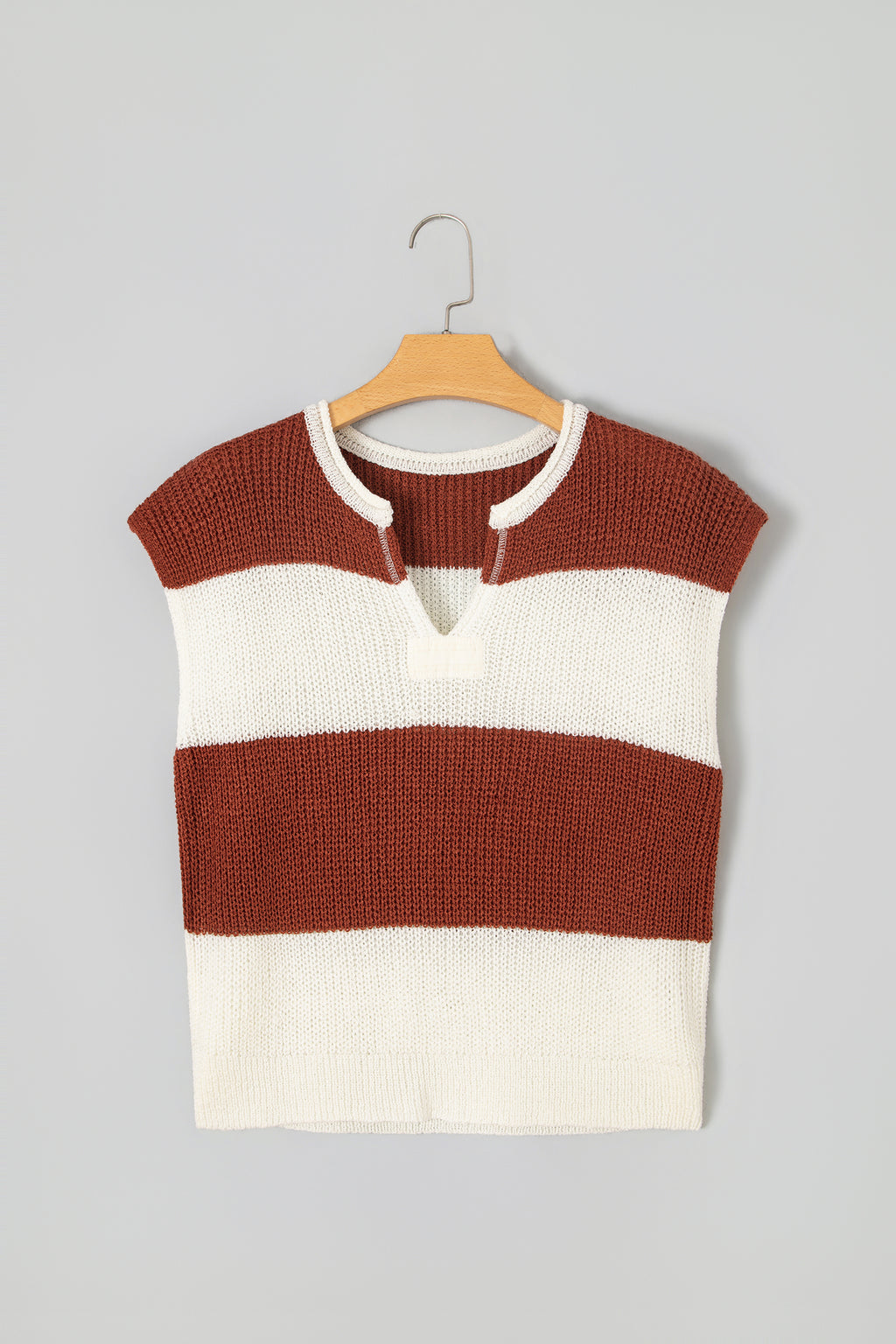 Brown Stripe Striped Colorblock Knit V Neck Short Sleeve Loose Sweater