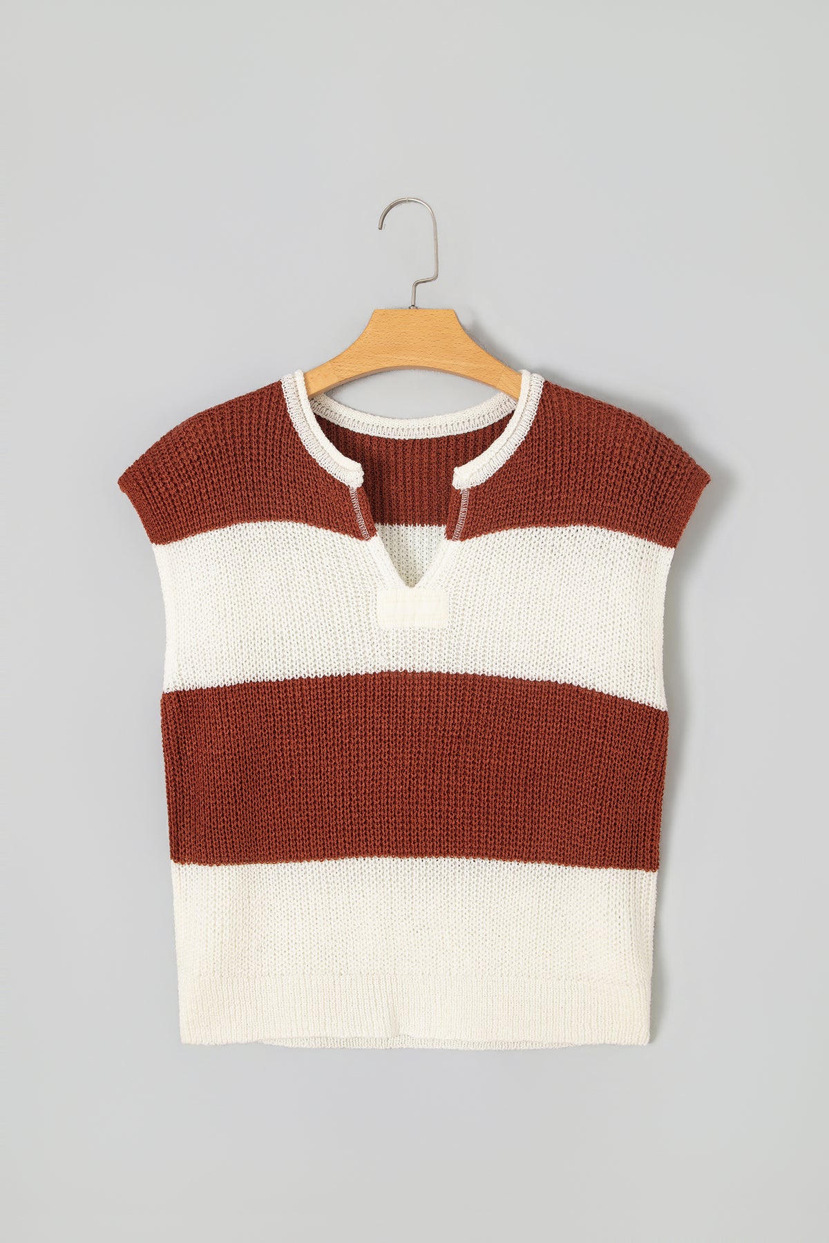 Brown Stripe Striped Colorblock Knit V Neck Short Sleeve Loose Sweater