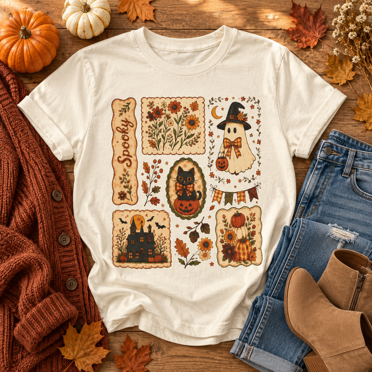Vintage Spooky Season Patchwork Graphic Tee