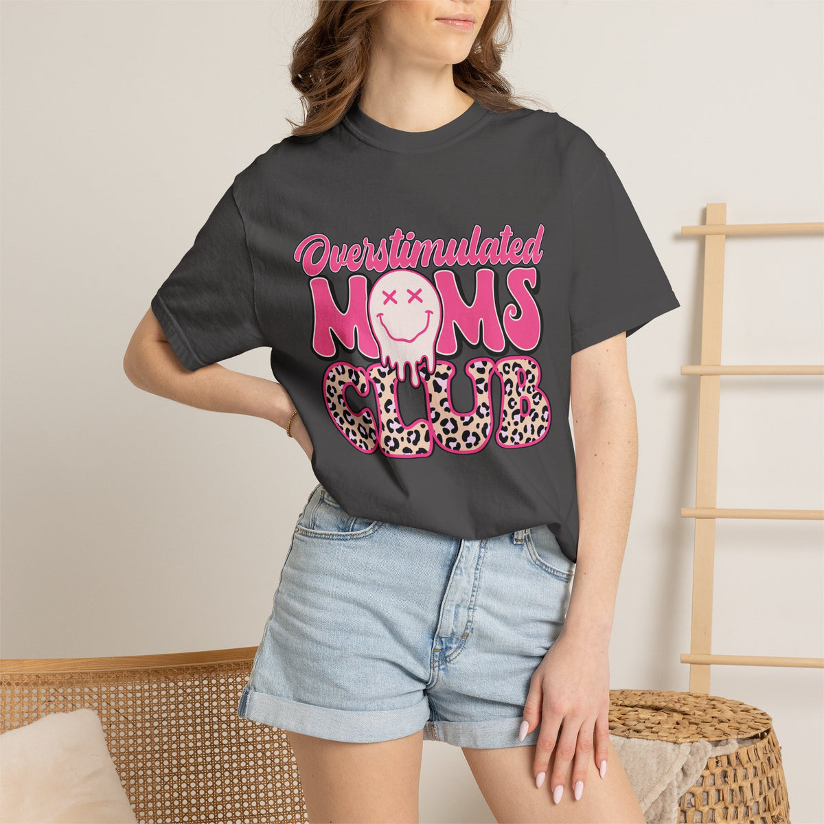 Overstimulated Moms Club Pink Leopard Graphic Tee