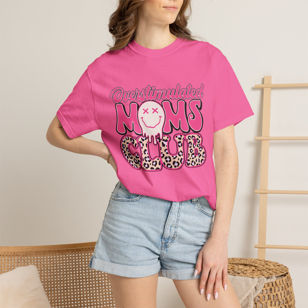 Overstimulated Moms Club Pink Leopard Graphic Tee