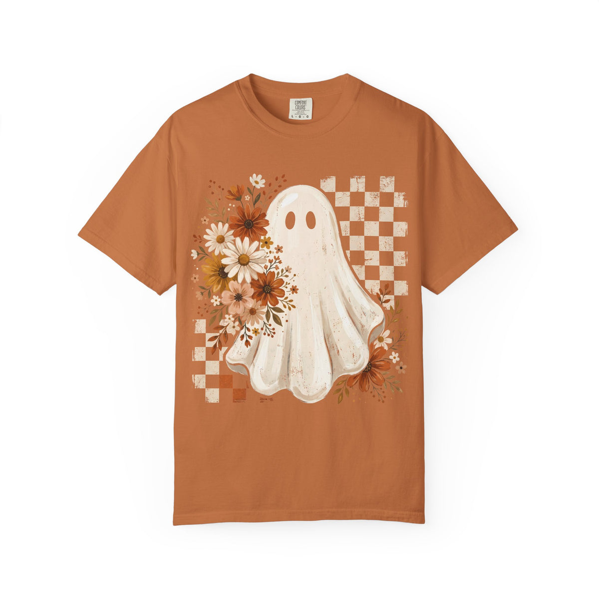 Floral Ghost Halloween Graphic Tee – Retro Fall Checkerboard Shirt