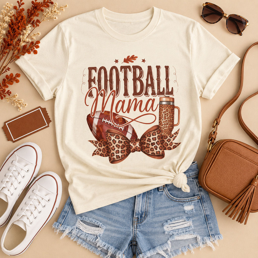 Football Mama Leopard Bow Game Day Graphic Tee