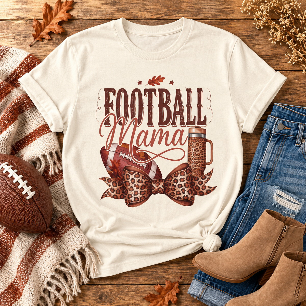 Football Mama Leopard Bow Game Day Graphic Tee