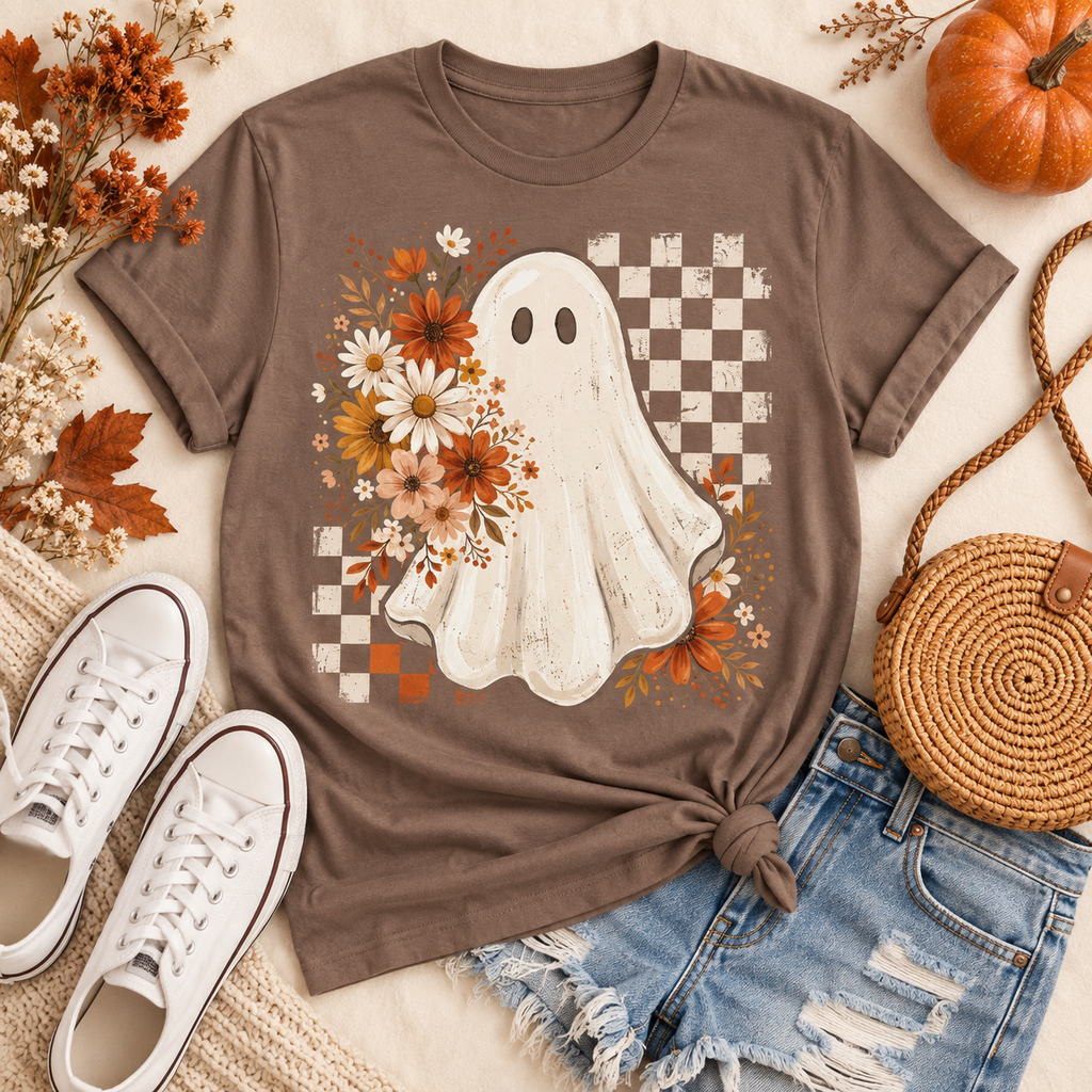 Floral Ghost Halloween Graphic Tee – Retro Fall Checkerboard Shirt