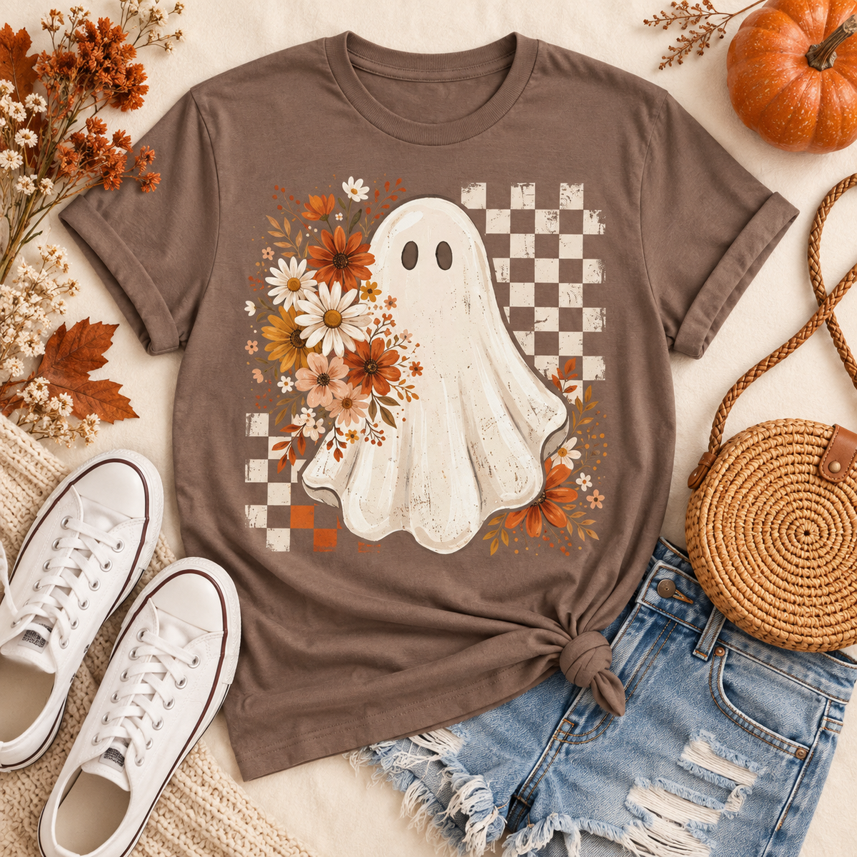 Floral Ghost Halloween Graphic Tee – Retro Fall Checkerboard Shirt