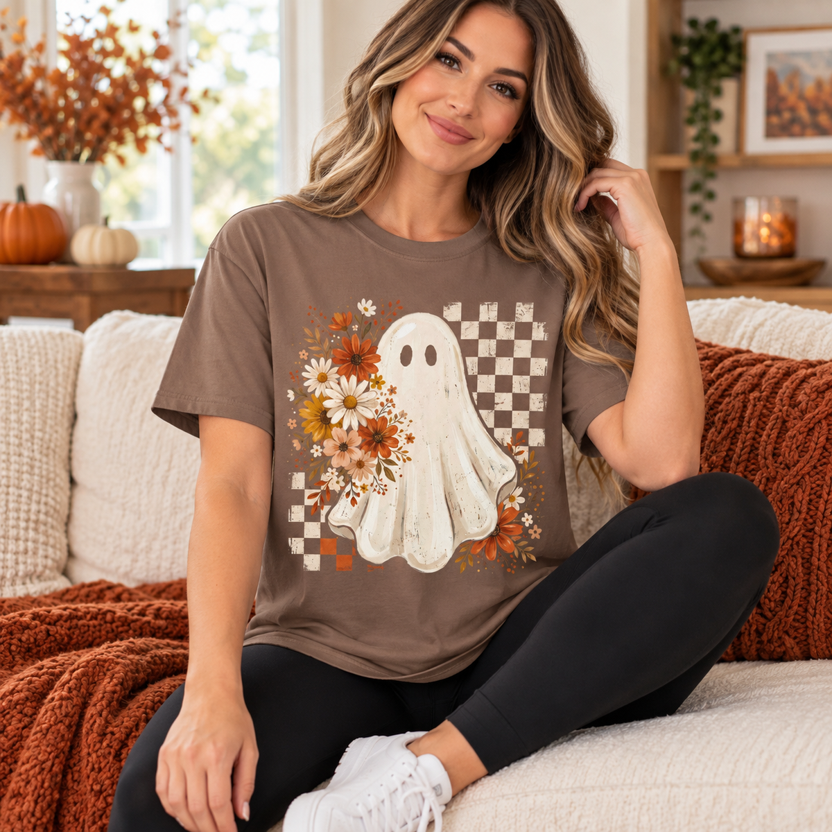 Floral Ghost Halloween Graphic Tee – Retro Fall Checkerboard Shirt