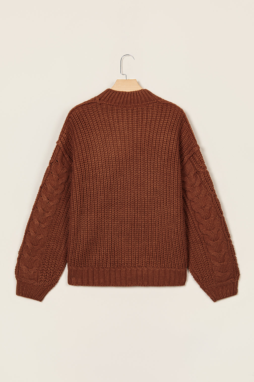 Coffee Solid Color Cable Knit High Neck Loose Pullover Sweater