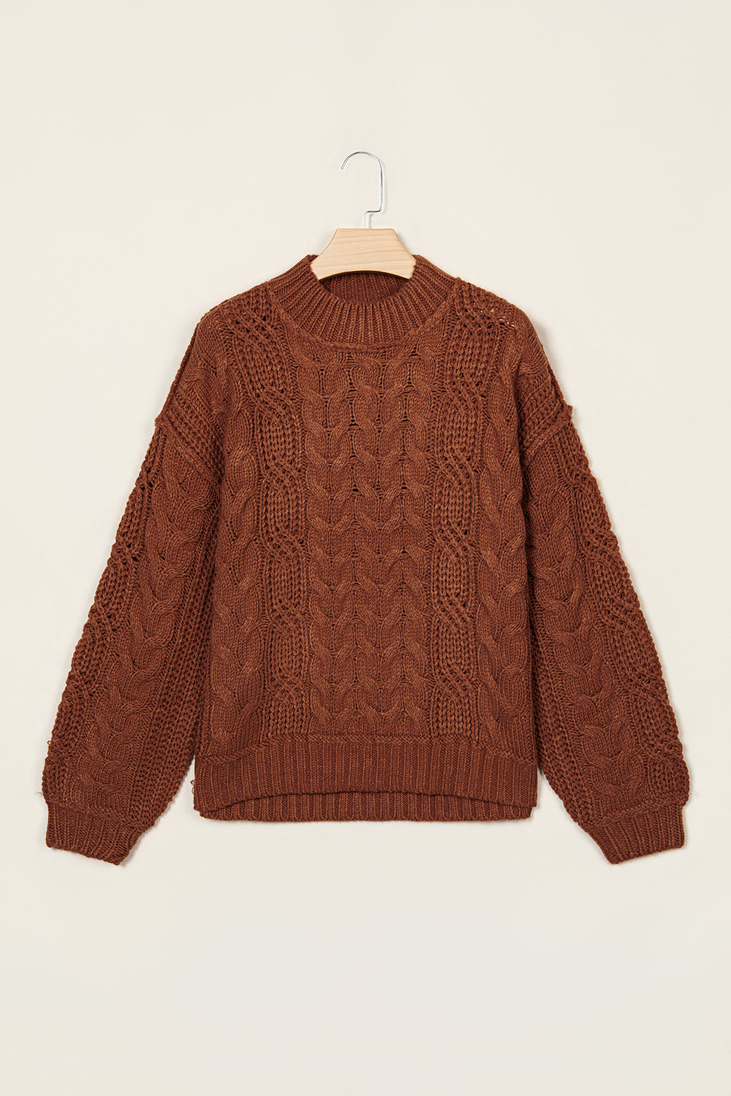 Coffee Solid Color Cable Knit High Neck Loose Pullover Sweater