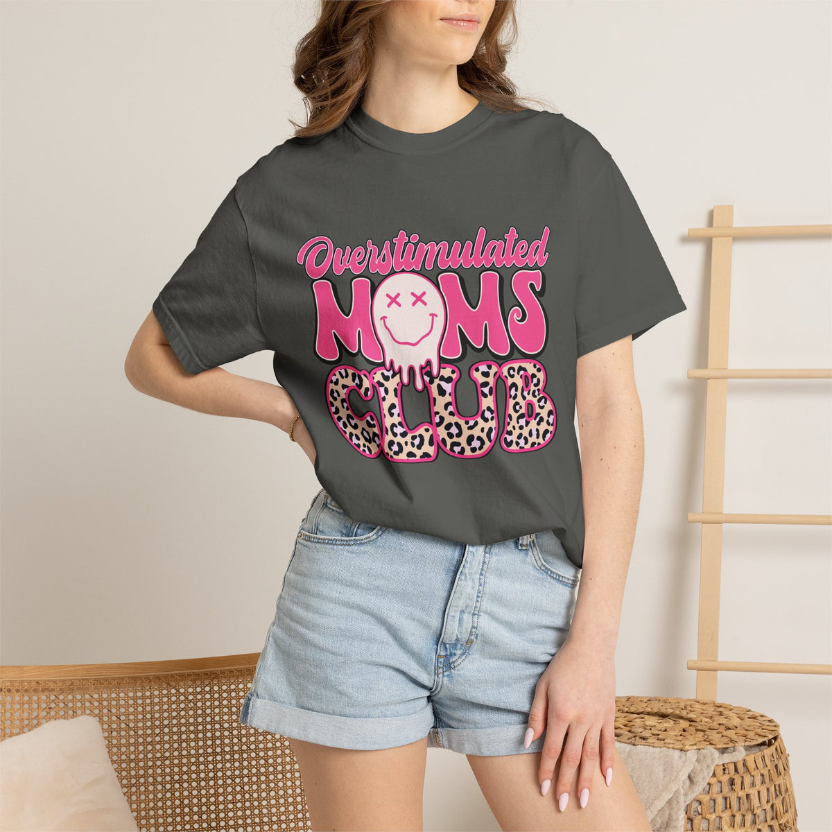 Overstimulated Moms Club Pink Leopard Graphic Tee