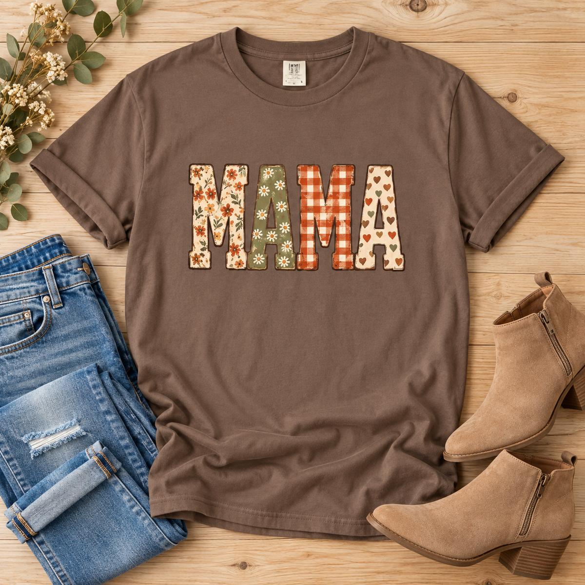 MAMA Patchwork Graphic Tee – Mocha Brown