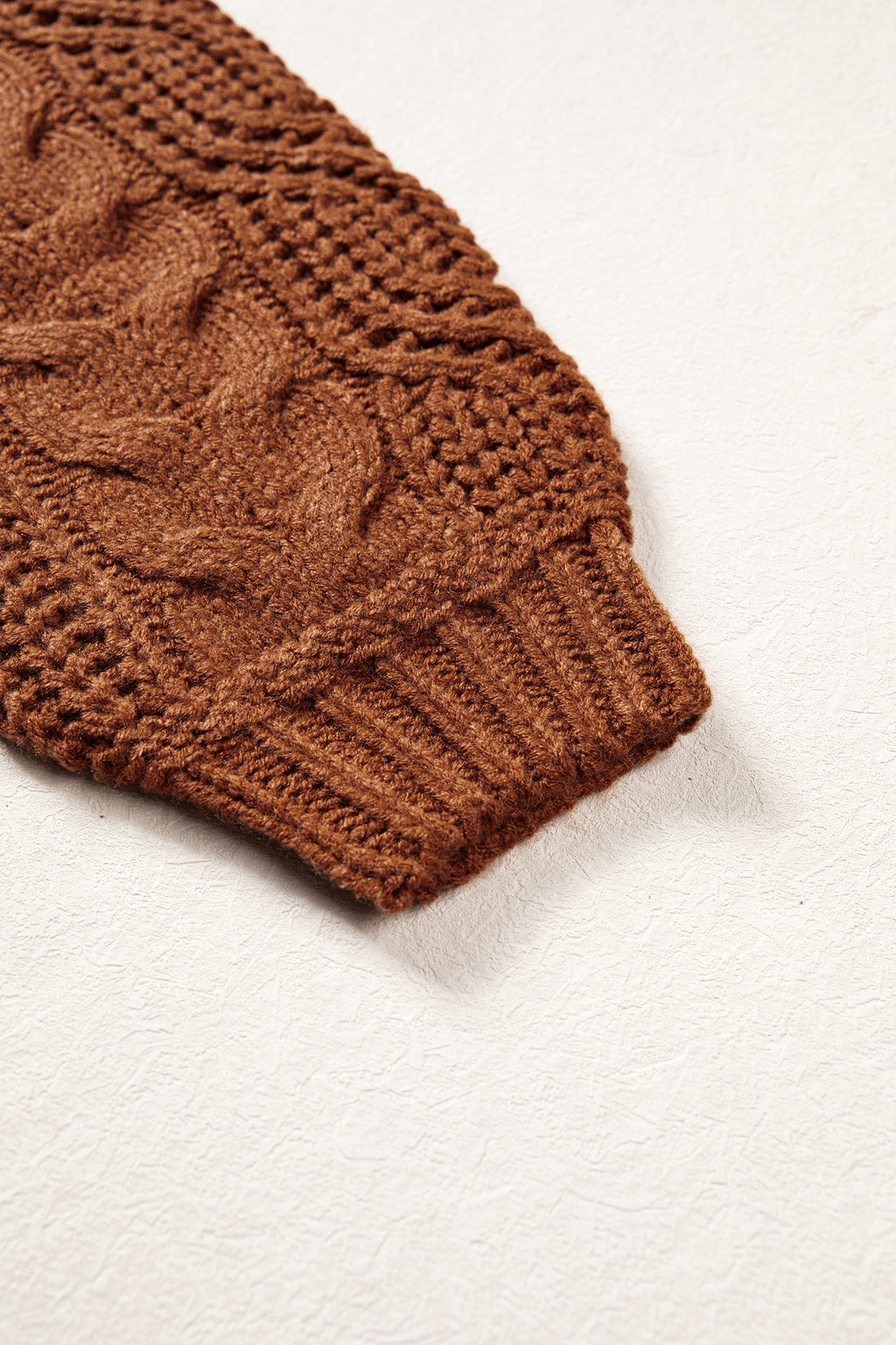 Coffee Solid Color Cable Knit High Neck Loose Pullover Sweater