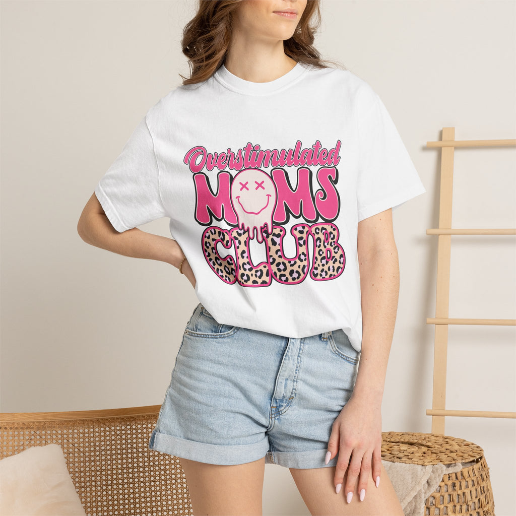 Overstimulated Moms Club Pink Leopard Graphic Tee