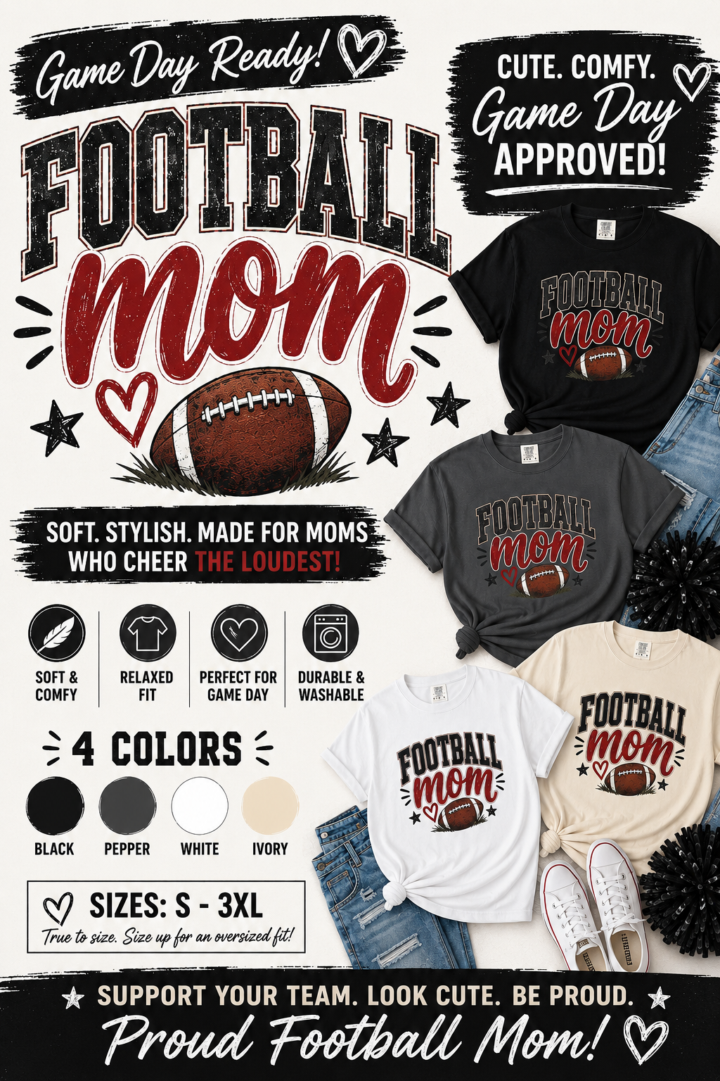 Football Mom Shirt | Game Day Graphic Tee | Cute Football Mama T-Shirt | Black, White, Pepper & Ivory