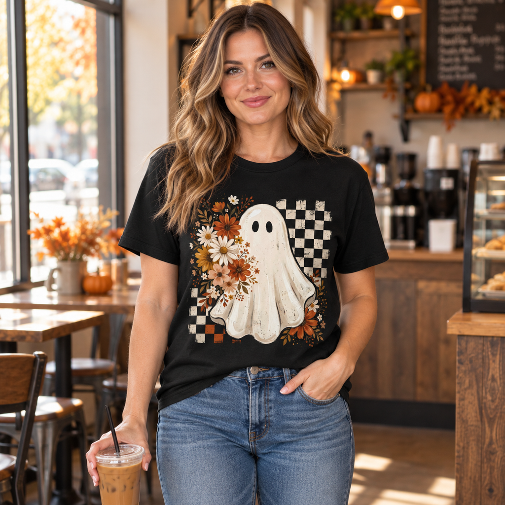 Floral Ghost Halloween Graphic Tee – Retro Fall Checkerboard Shirt
