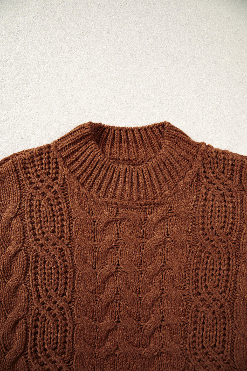 Coffee Solid Color Cable Knit High Neck Loose Pullover Sweater
