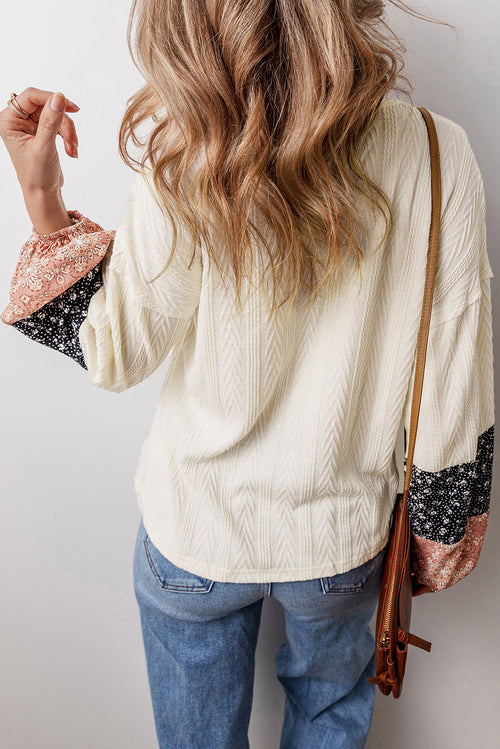 Beige Floral Patchwork Textured Knit Drawstring V Neck Blouse