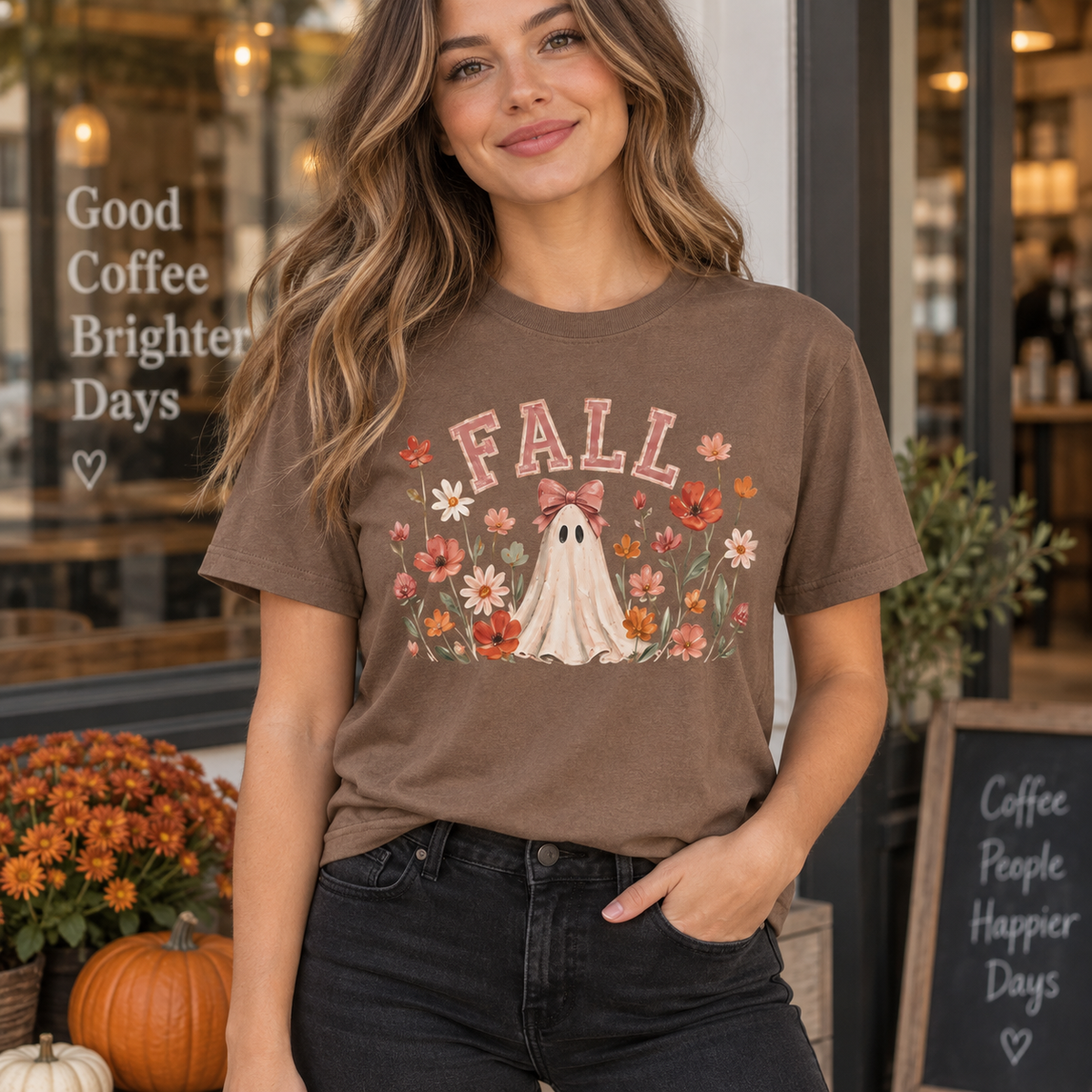 Fall Floral Ghost & Bow Graphic Tee